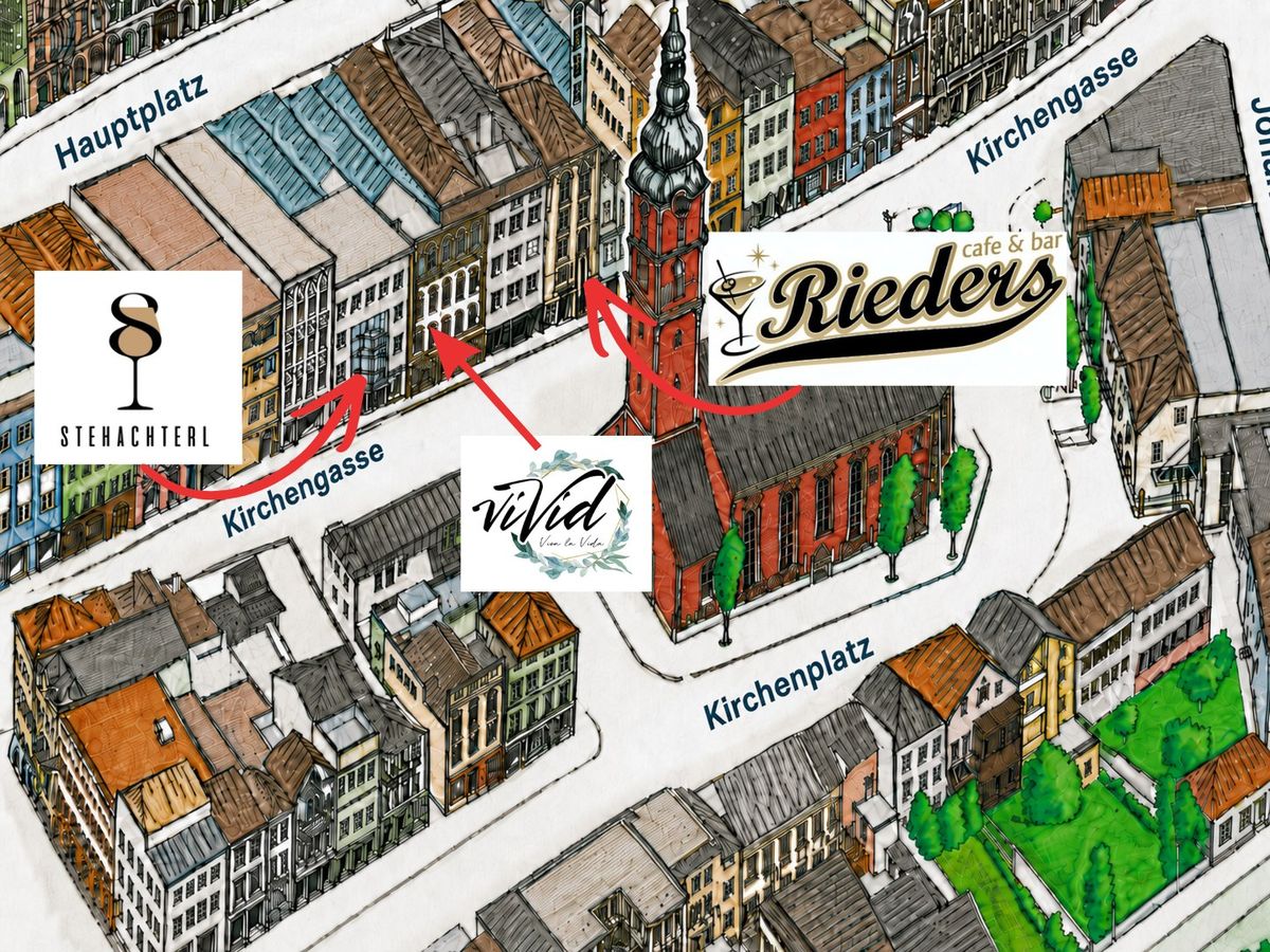 Illustrierter Lageplan von Hauptplatz, Kirchengasse und Kirchenplatz mit Rieders, Stehachterl und ViVid