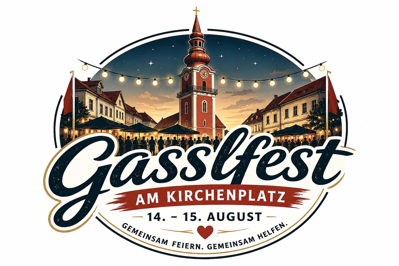 Gasslfest am Kirchenplatz Logo mit Kirchturm und Lichterkette